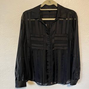 Relativity Black Sheer Striped Collar Button Up Blouse Small
